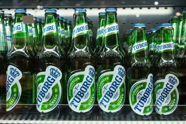 Minsk Belarus Diciembre 2019 Botellas Cerveza Tuborg Nevera Del Supermercado — Foto de Stock