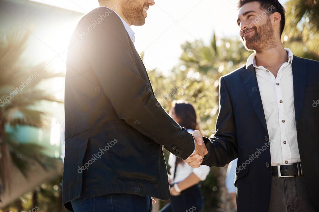 Glad businessman shaking hands with business partner