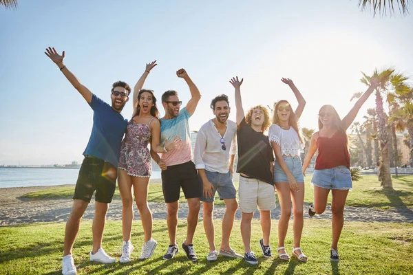 Grupo de amigos levantando las manos afuera riendo — Foto de Stock