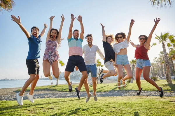 Grupo de amigos pulando juntos levantando as mãos — Fotografia de Stock