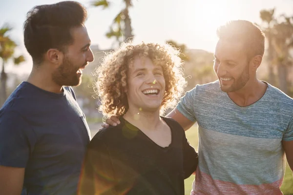 Üç mutlu erkek arkadaş birlikte dışarı gülüyor