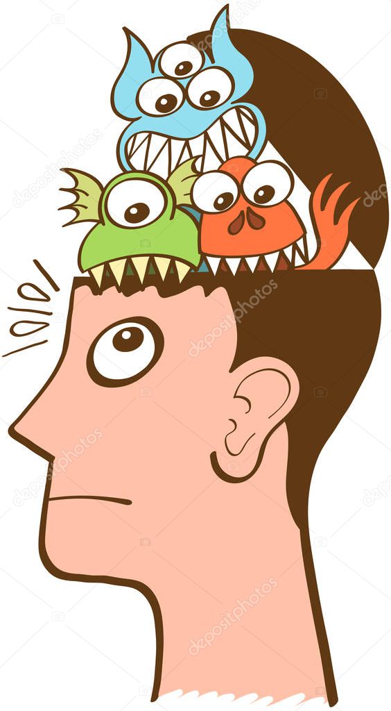 Three naughty monsters in different colors open a man's head to show up. The man's surprised and tries to keep calm while realizing that these monsters live inside his head. He's about to freak out