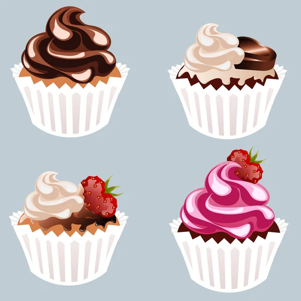 Conjunto Cupcakes Chocolate Con Fresa Dulce Ilustración de stock