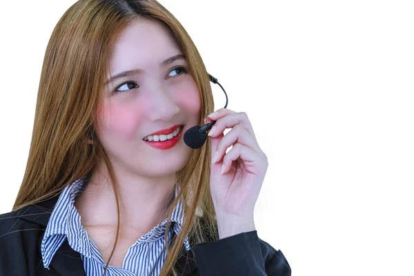 Ritratto Felicità Giovane Ragazza Asain Che Lavora Call Center Con — Foto Stock