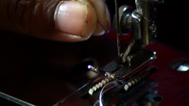 Extreme Close Shot Inserting Thread Sewing Needle — Stock Video