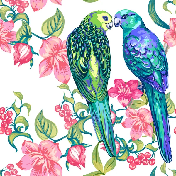 Безшовний візерунок папуг і квітів . — стоковий вектор