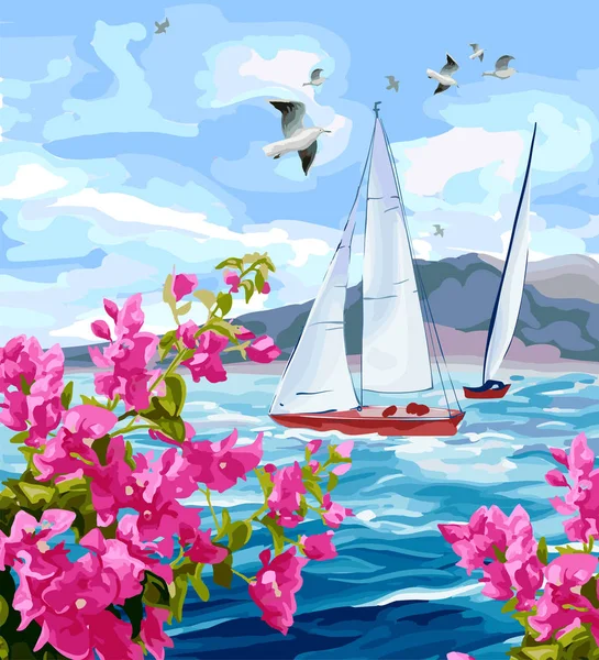 Морской пейзаж с горами, яхтами и цветами . — стоковый вектор