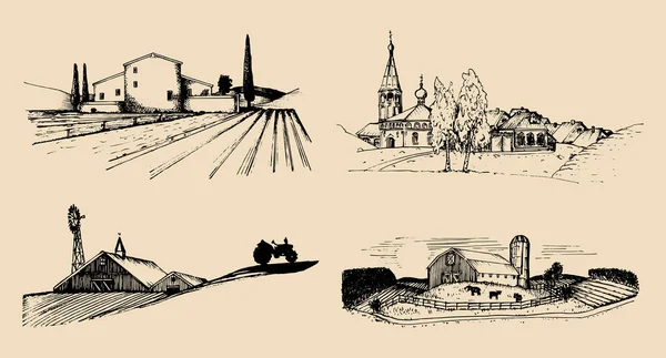 Ручной рисунок сельских пейзажей — стоковый вектор
