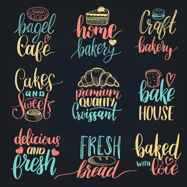 Panadería vintage letras de la mano logos — Vector de stock