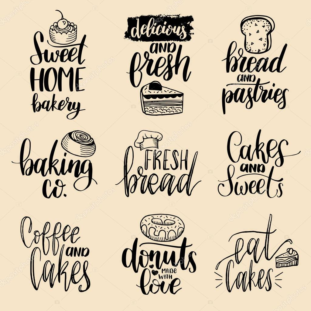 Vector set of vintage bakery hand lettering logos, badges. Typography design elements, modern calligraphy collection