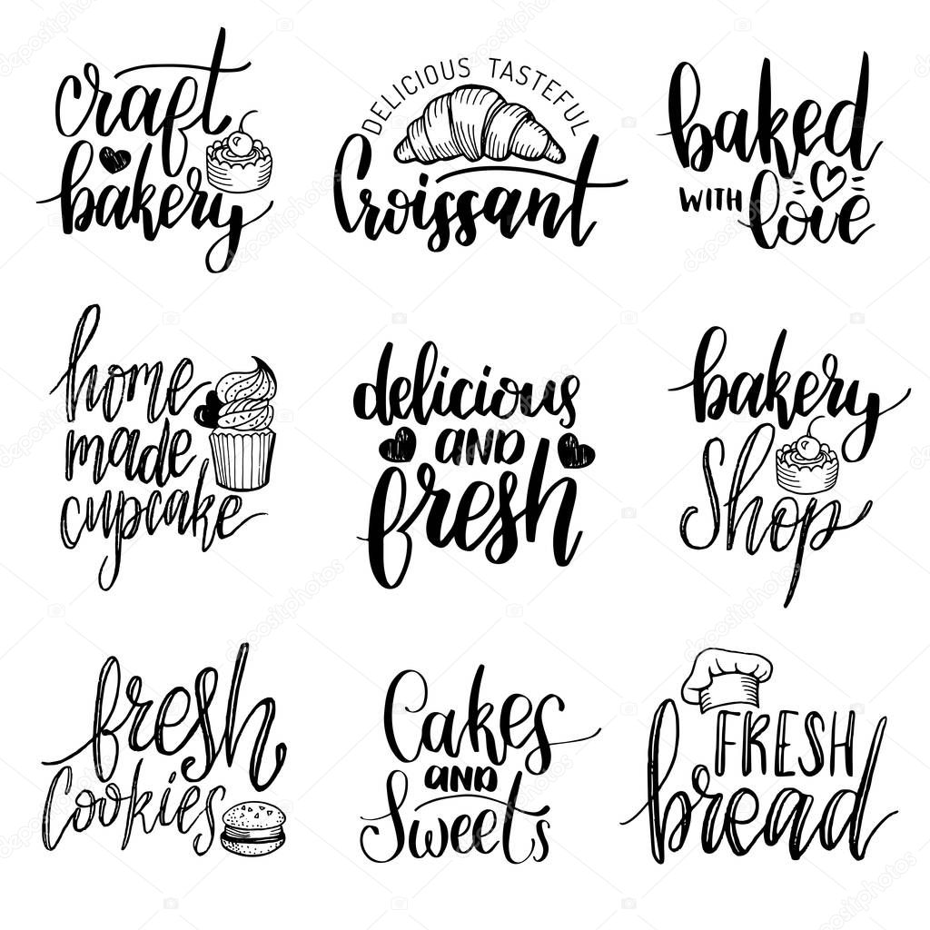 Vector set of vintage bakery hand lettering logos, badges. Typography design elements, modern calligraphy collection
