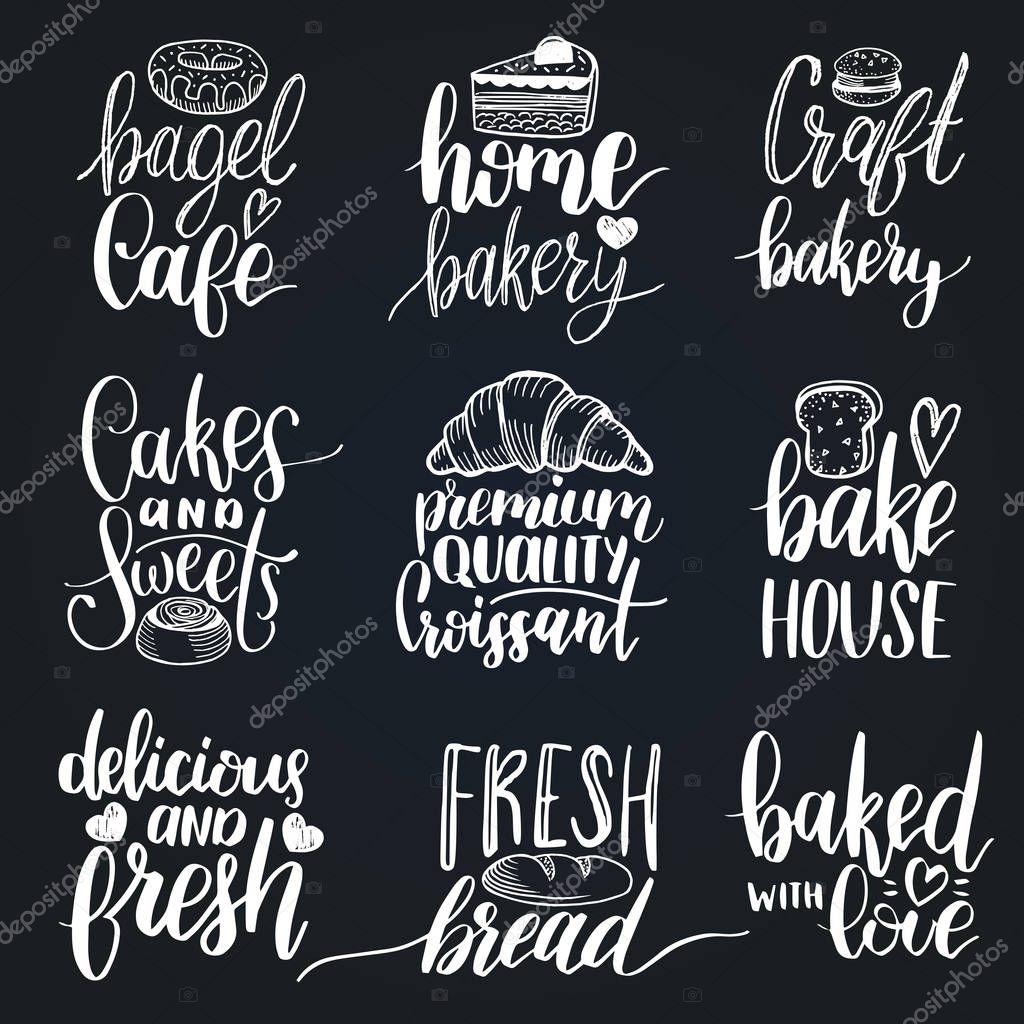 Vector set of vintage bakery hand lettering logos, badges. Typography design elements, modern calligraphy collection