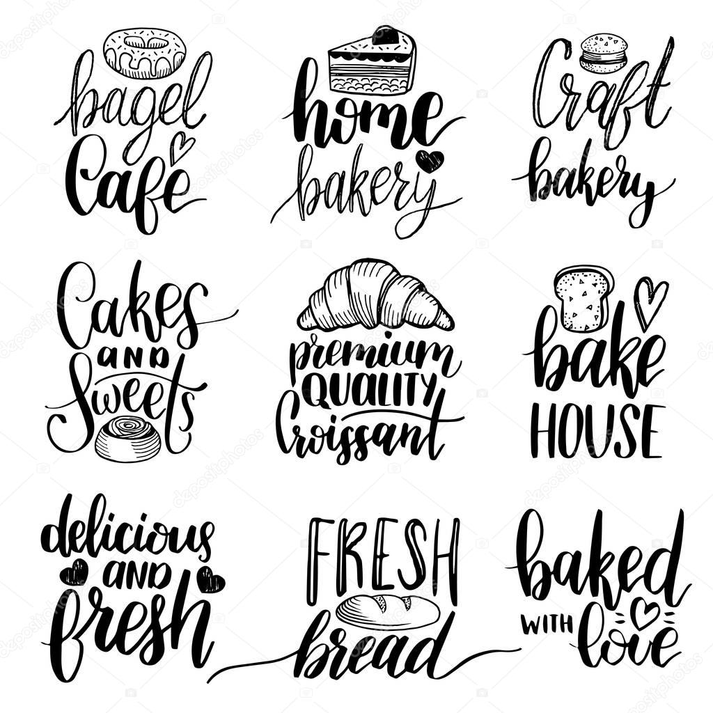 Vector set of vintage bakery hand lettering logos, badges. Typography design elements, modern calligraphy collection