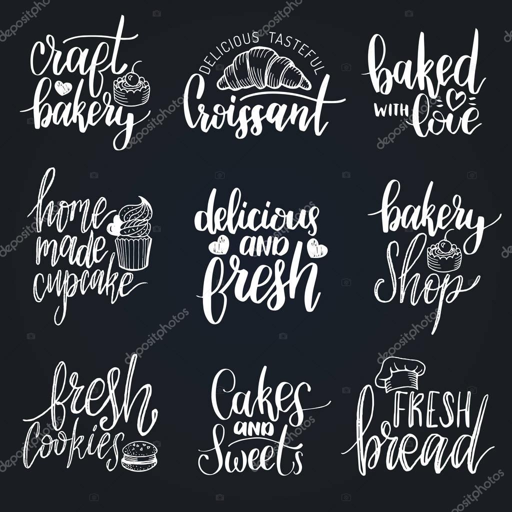 Vector set of vintage bakery hand lettering logos, badges. Typography design elements, modern calligraphy collection