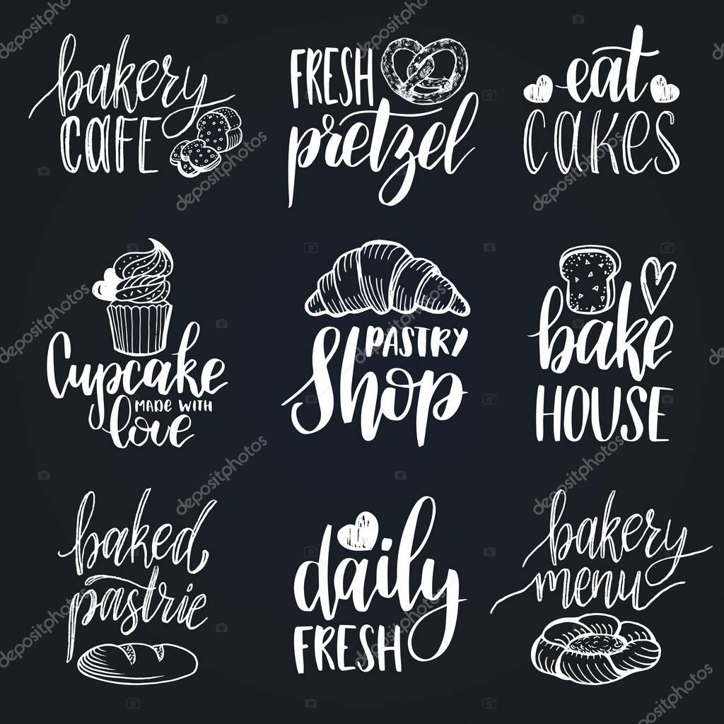 Vector set of vintage bakery hand lettering logos, badges. Typography design elements, modern calligraphy collection