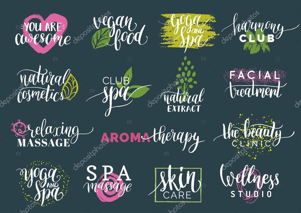 Vector health and beauty care logos or labels. Spa, yoga centers badges. Wellness signs. Hand drawn tags and elements set for organic cosmetics, natural products.