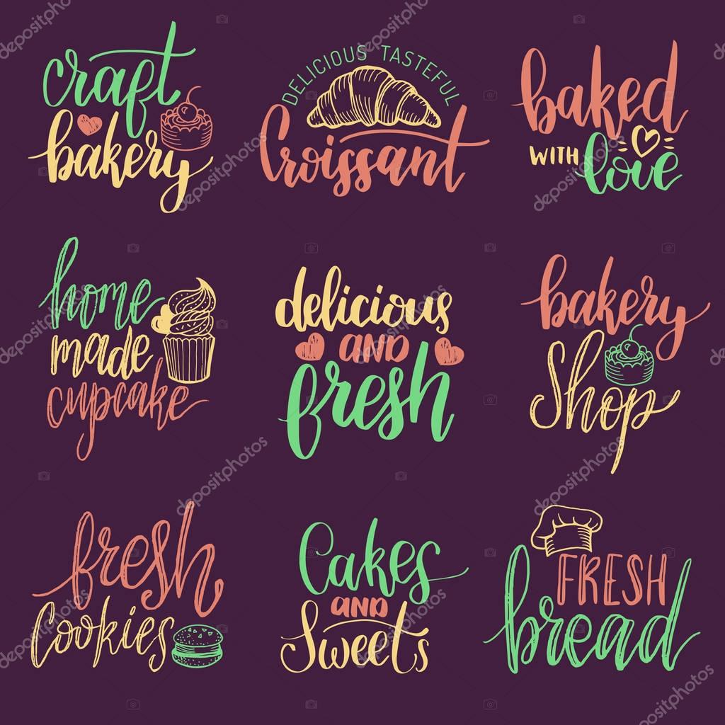 Vector set of vintage bakery hand lettering logos, badges. Typography design elements, modern calligraphy collection