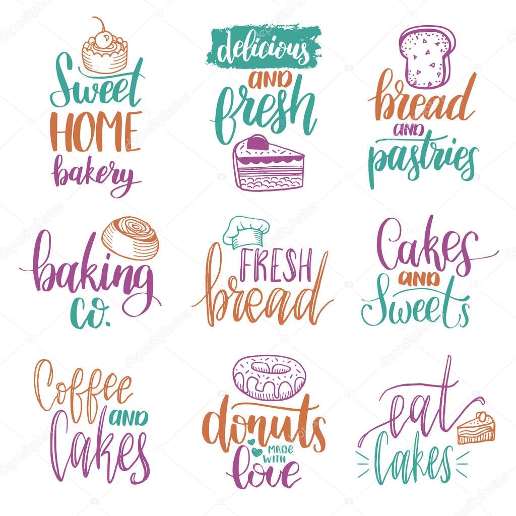 Vector set of vintage bakery hand lettering logos, badges. Typography design elements, modern calligraphy collection