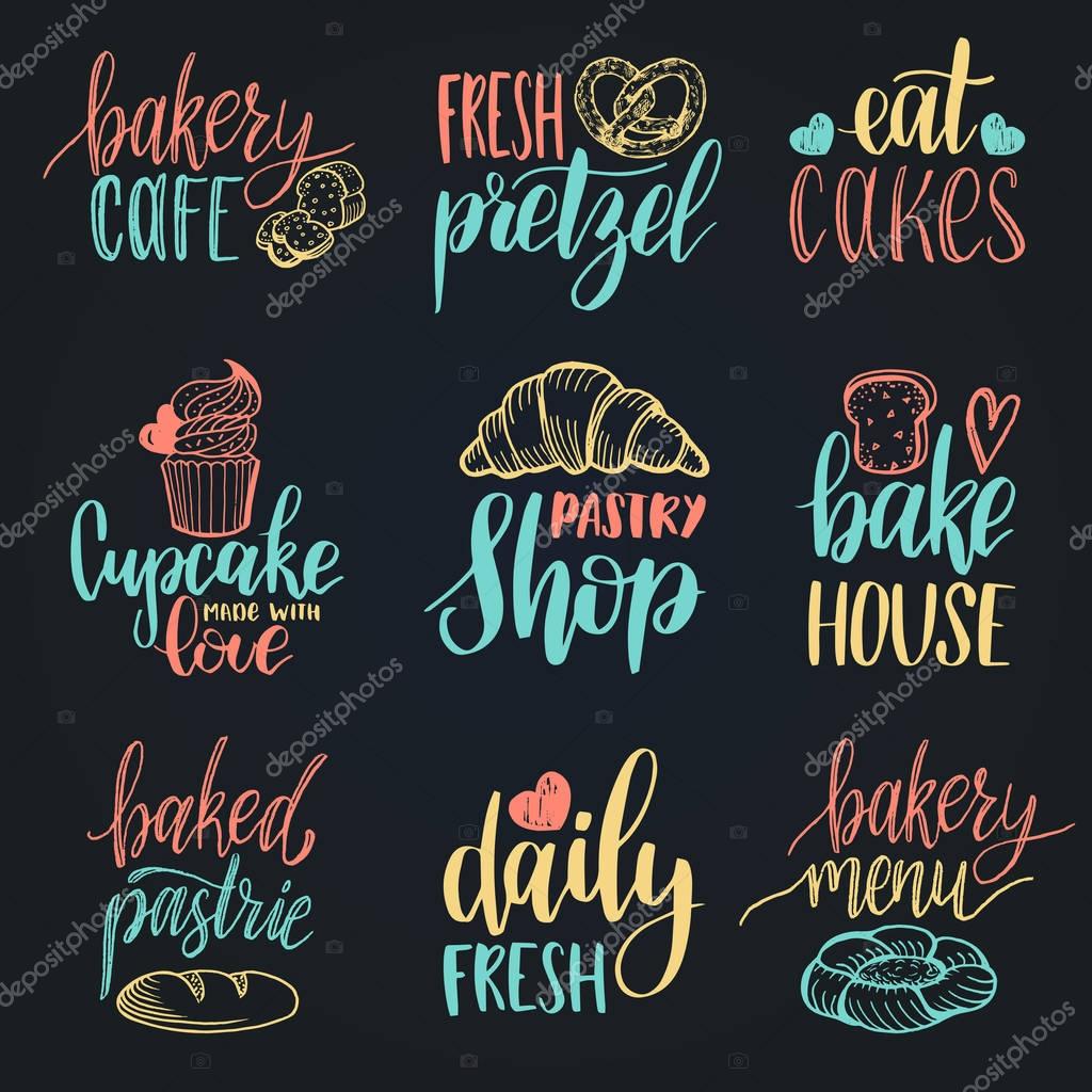 Vector set of vintage bakery hand lettering logos, badges. Typography design elements, modern calligraphy collection