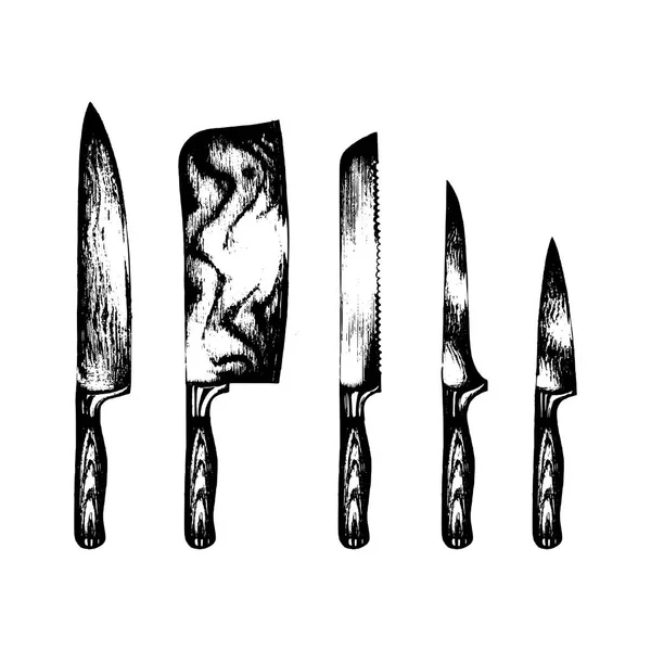 Juego de cuchillos de cocina dibujado a mano — Vector de stock
