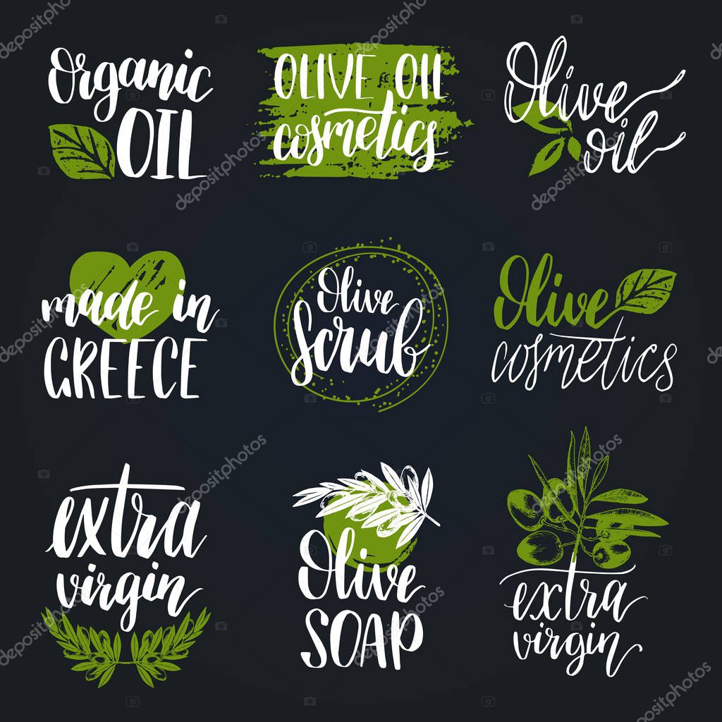 Vector hand lettering olive production logos or signs. Retro sketched extra virgin oil illustrations set for farm or cosmetics produce, packaging badges, tags, cafe, stores design etc.