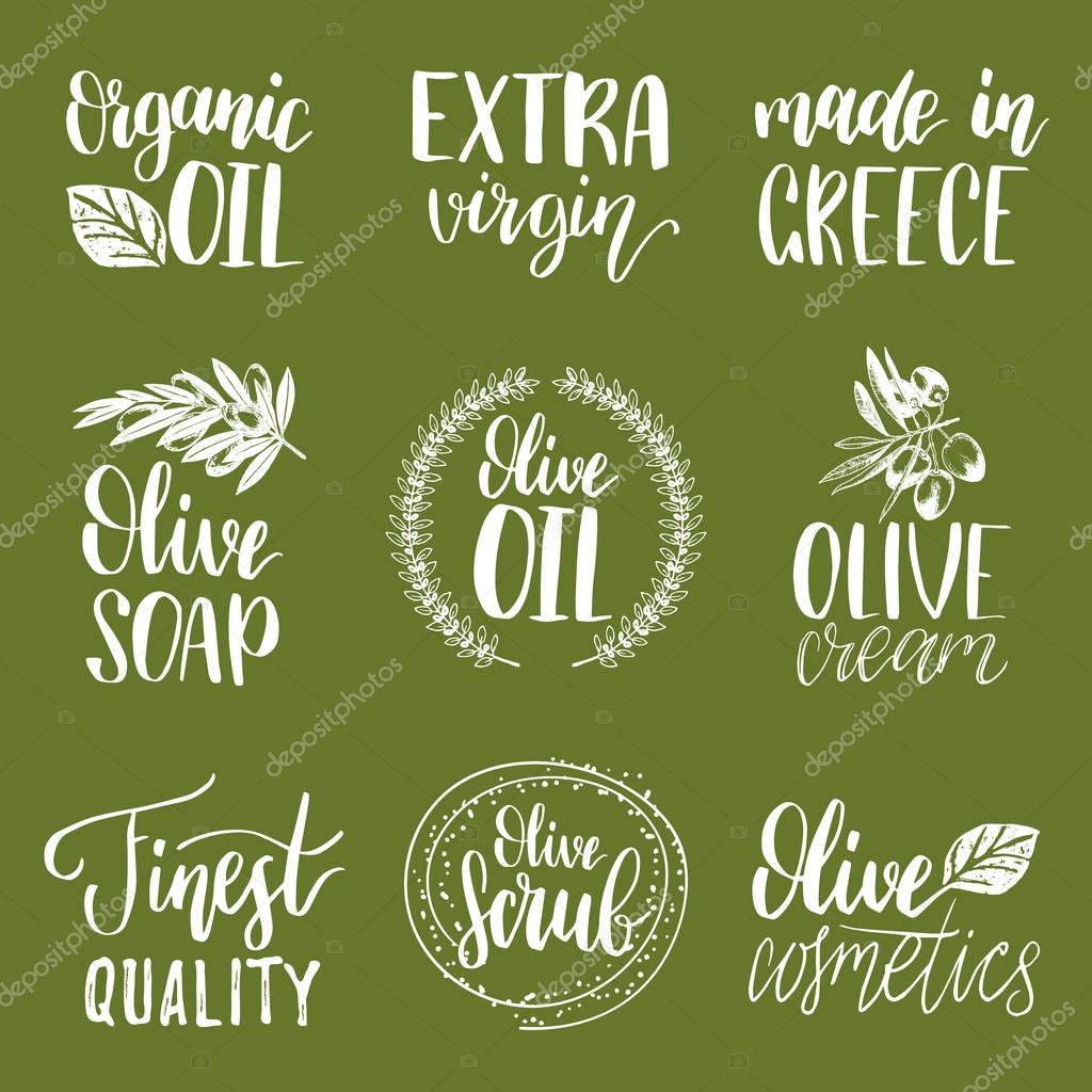 Vector hand lettering olive production logos or signs. Retro sketched extra virgin oil illustrations set for farm or cosmetics produce, packaging badges, tags, cafe, stores design etc.