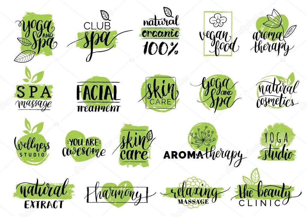 Set of organic logos or signs. Vegan, healthy food illustration set for cafe, restaurant badges, tags, packaging etc.