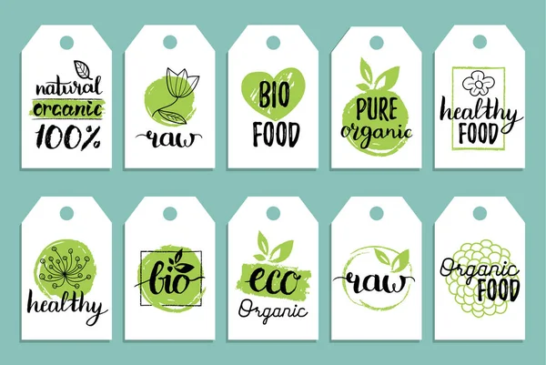 Étiquettes colorées d'aliments biologiques — Image vectorielle
