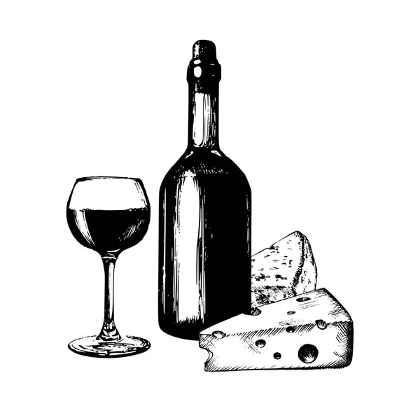 Botol anggur, kaca dan keju - Stok Vektor