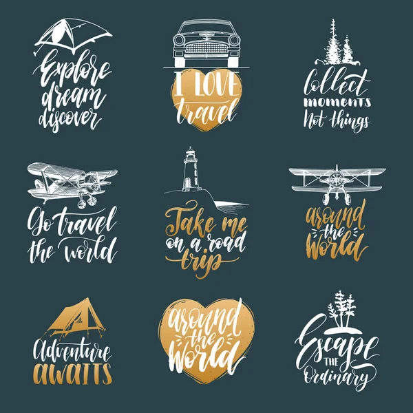 Letterings with phrases about traveling — Stock Vector