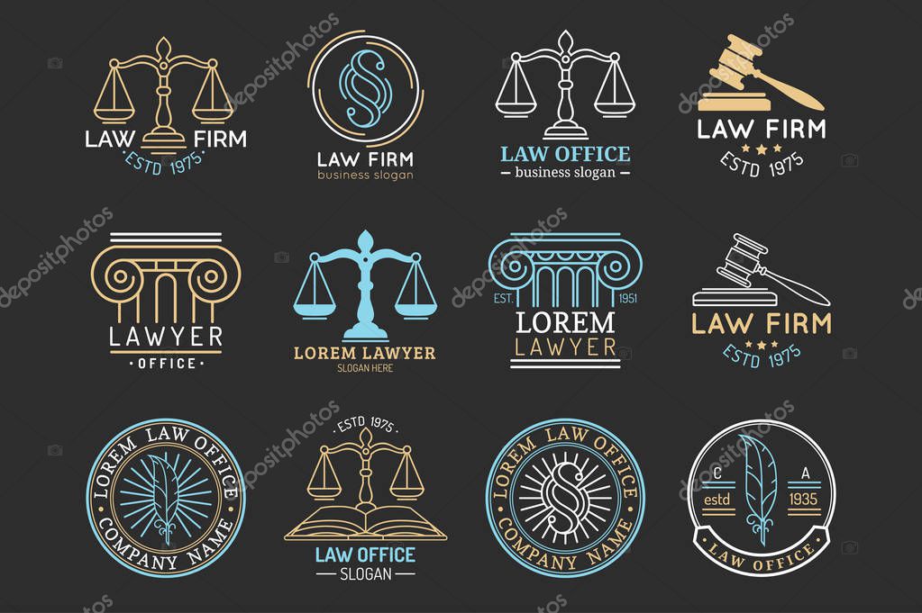 Collection of vintage lawyer office logos with labels and badges