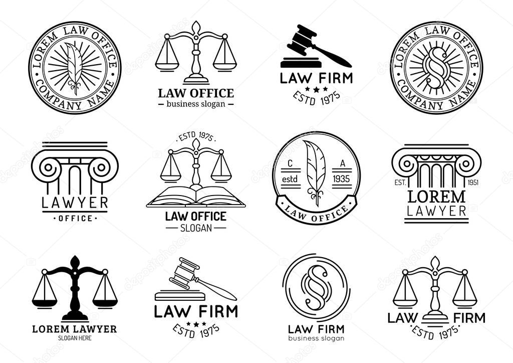 Collection of vintage lawyer office logos with labels and badges