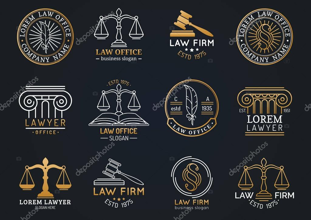Collection of vintage lawyer office logos with labels and badges