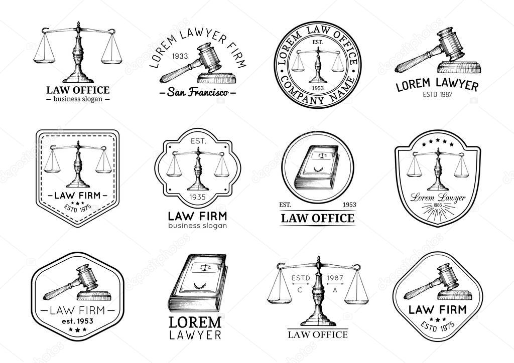 Collection of vintage lawyer office logos with labels and badges