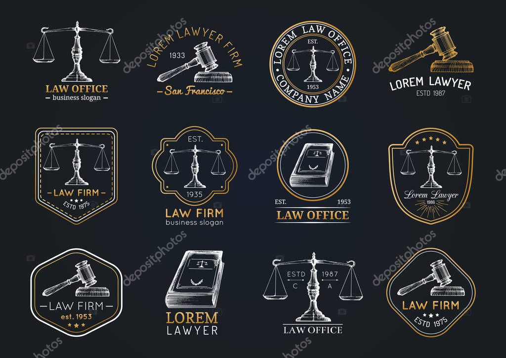 Collection of vintage lawyer office logos with labels and badges