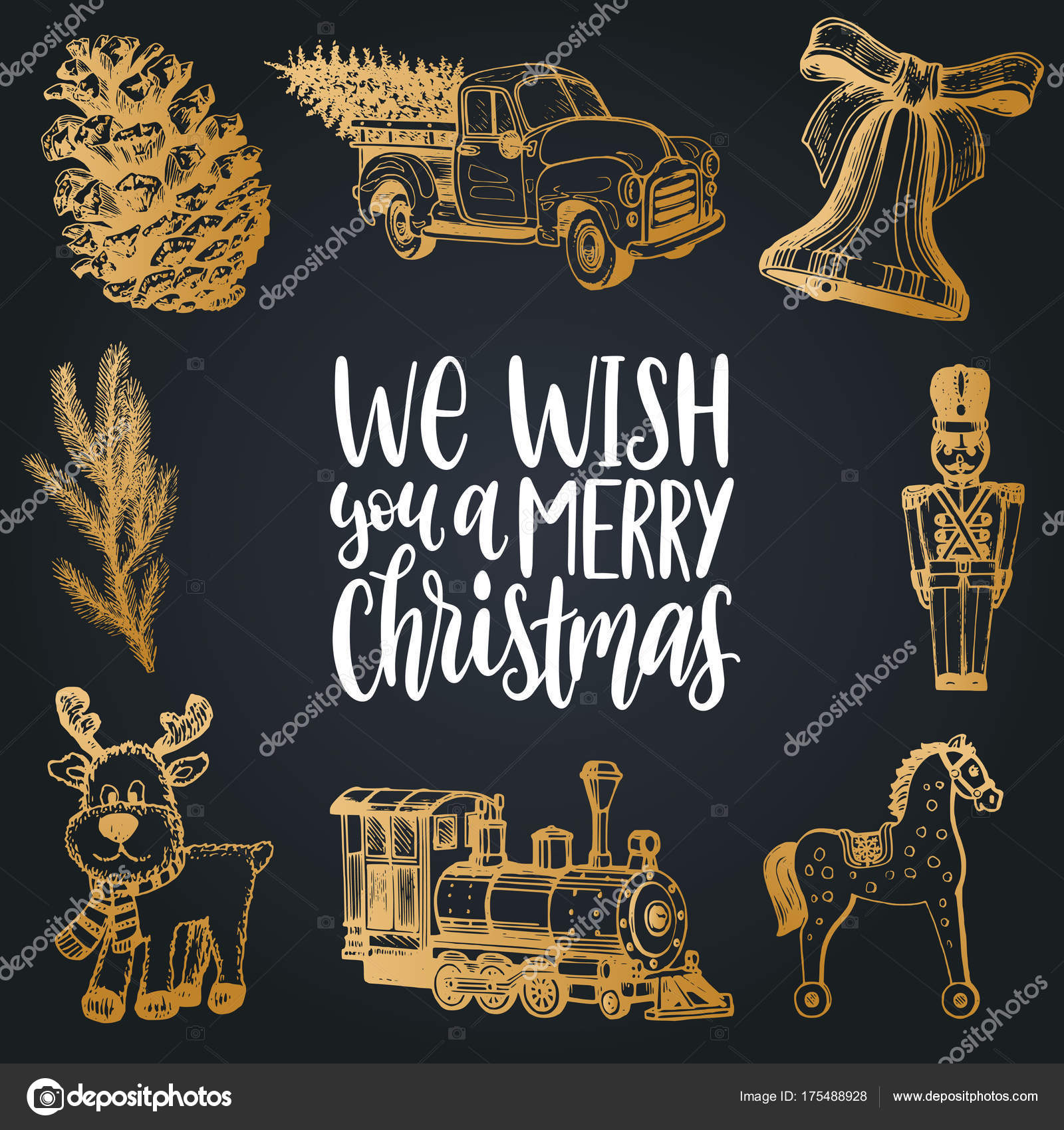 Å yczymy Napis You Merry Christmas Narodzenia Zabawki Ilustracje Typografia SzczÄ™Å›liwy — Wektor stockowy