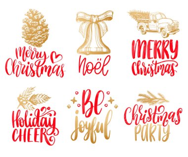 Beyaz arka plan üzerinde Noel ifadeler yazılı el ayarlayın. Yeni yıl oyuncak ve İsa'nın Doğuşu sembolleri tebrik kartı kavramları, poster şablonları için çizimler vektör el çekilmiş.