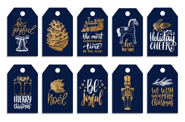 Set Van Tags Met Hand Geschreven Kerst Zinnen Vector Etiketten — Stockvector