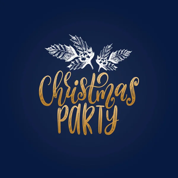 Letras Vector Christmas Party Con Ilustración Dibujada Mano Ramas Muérdago — Vector de stock