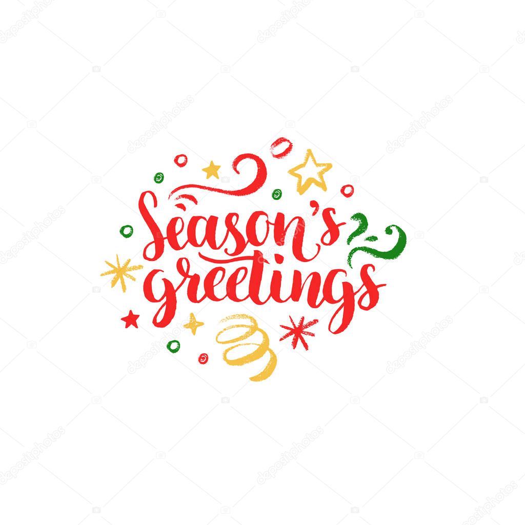 Seasons Greetings lettering on white background. Vector hand drawn Christmas illustration. Happy Holidays greeting card, poster template.