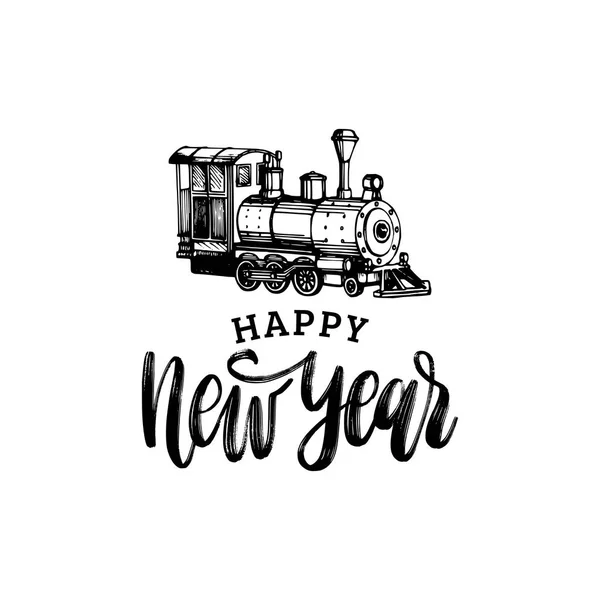 Vektor Happy New Year Hand Schriftzug Mit Spielzeugeisenbahn Illustration Auf — Stockvektor