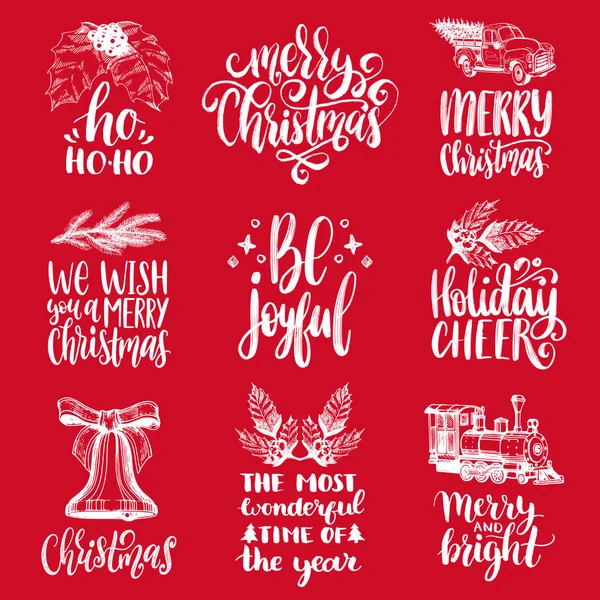 赤の背景に手書きのクリスマス フレーズのセットです ベクトル手新年おもちゃやポスター テンプレート グリーティング カード概念のキリスト降誕のシンボルのイラストを描き下ろし — ストックベクタ