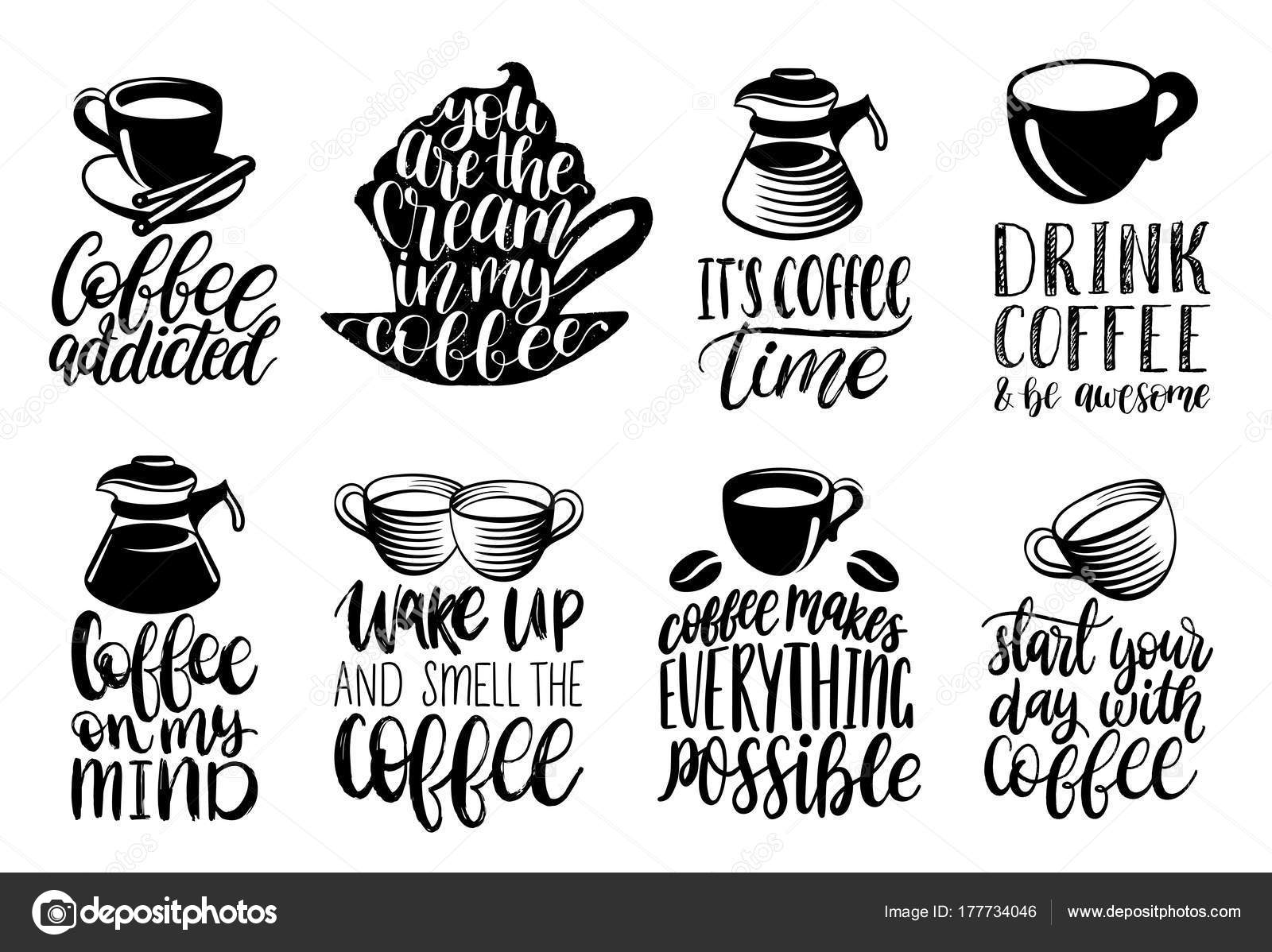 手書きコーヒー フレーズ セットをベクトルします レストランのメニューの文字のコレクションです カフェのポスターのための白い背景の上のカップとポットの イラスト ラベル等 ストックベクター C Vladayoung