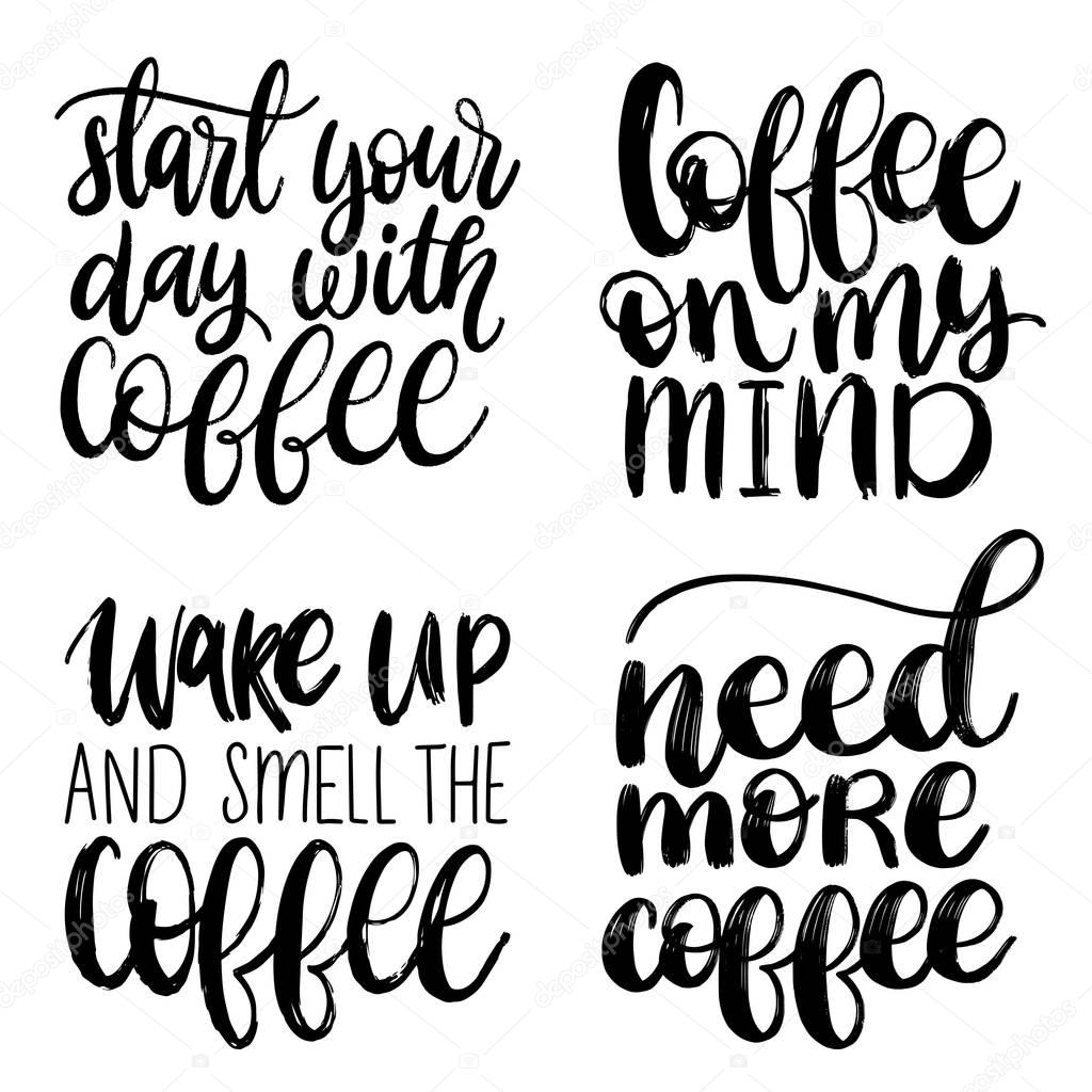 Vector handwritten coffee phrases set. Lettering collection for restaurant menu. Calligraphic illustrations of for cafe poster, label etc