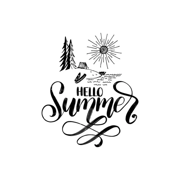 Hand Belettering Hallo Zomer Forest Lake Illustratie Vector Inspirerende Zin — Stockvector