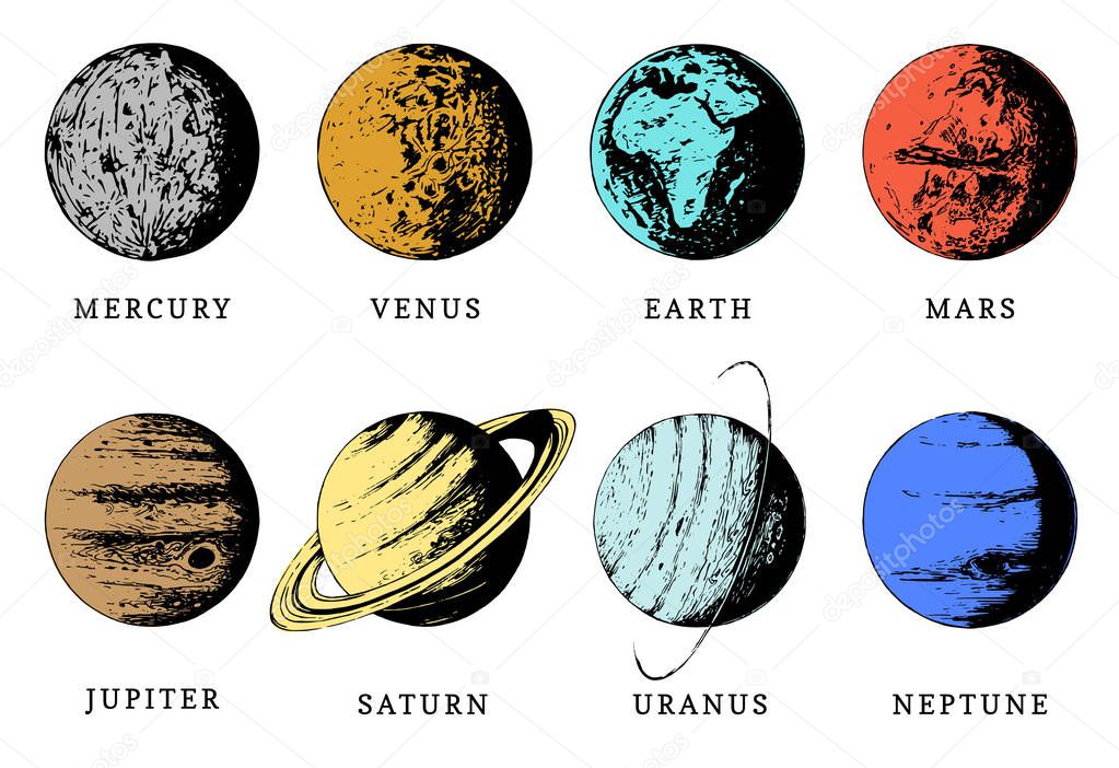 Solar system color infographics in vector. Hand drawn illustration of eight planets on white background.