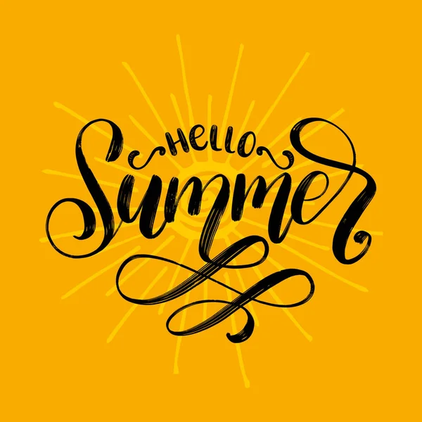 Hand Lettering Hello Summer Vector Inspirational Phrase Yellow Background — Stock Vector