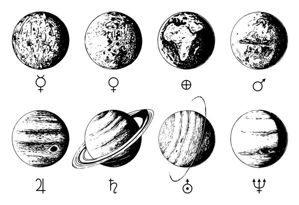 Hand drawn illustration of eight planets with icons