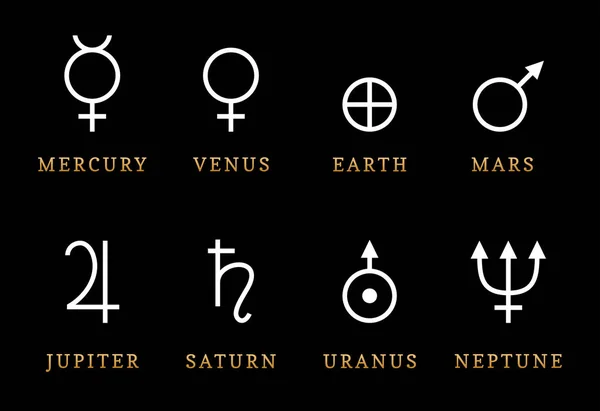 Ícones Sistema Solar Oito Planetas Sobre Fundo Preto —  Vetores de Stock