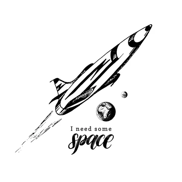 Hand Lettering Phrase Need More Space Space Rocket Planets — Stock Vector
